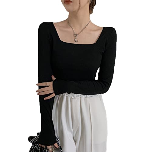 TOEECY Camiseta de Manga Larga Corto Ropa para Mujer Cuello Cuadrado Top Basica Jersey Pullover Casual Adelgazantes Tops Elasticidad Sexy Color Sólido Camisa de Fondo (Negro,XL) Cover