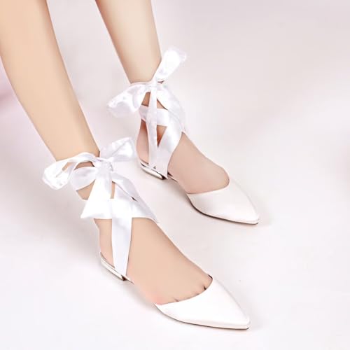 Women's Wedding Flats for Bride Pointed Toe Satin Ribbon Tie Bridal Shoes4