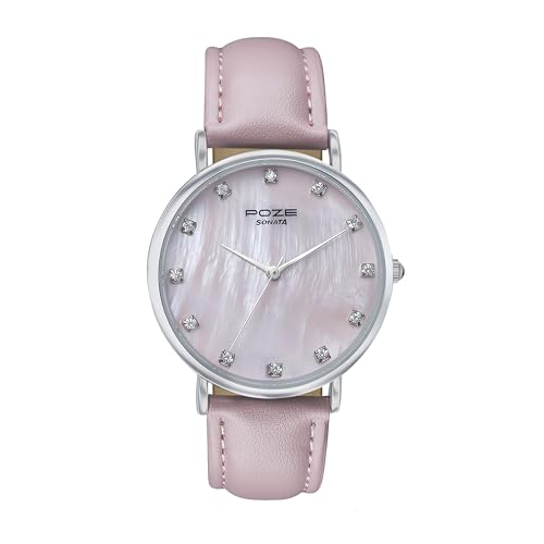Sonata Poze Quartz Pink MOP Dial Pink Leather Strap for Women-SP80084SL01W (B0DDTXNB79) Amazon Price History, Amazon Price Tracker