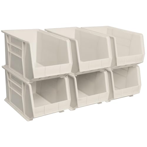 Akro-Mils 30260 AkroBins Plastic Storage Bins, Space-Saving Stackable Bins for Garage, Pantry, Craft Organization, 18' x 11' x 10', Stone, 6-Pack