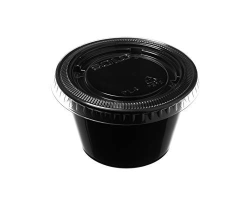 [300 Pack] 4 Oz Leak Proof Black Plastic Condiment Souffle Containers with Lids - Plastic Black Portion Cup with Plastic Lid Perfect for Sauces, Samples, Slime, Jello Shot, Food Storage
