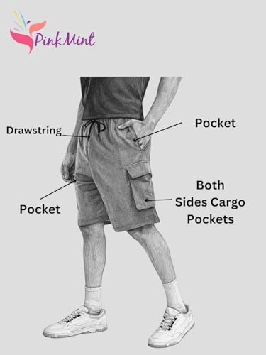 Image of Pinkmint Cargo Shorts for Men Pack of 2 Cotton Lycra Training Gym Shorts for Men Casual Workout Lightweight Summer Shorts with Dual Side Pockets Half Pant for Running, Gym, Walking, Travel