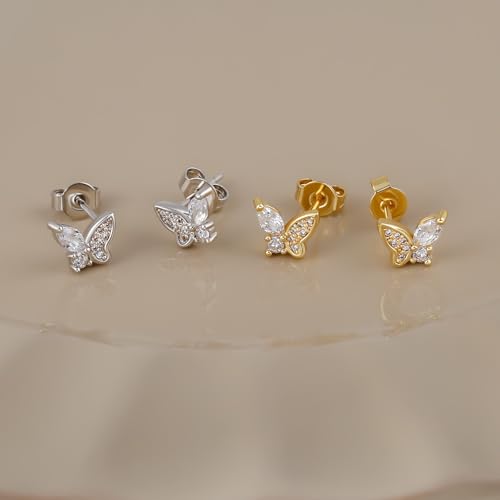 925 Sterling Silver Stud Earring for Women, 14K Gold Plated Hypoallergenic Earrings for Sensitive Ears, Trendy Multiple Earrings Pack4