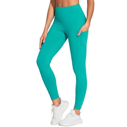 THE GYM PEOPLE Thick High Waist Yoga Pants with Pockets, Tummy Control Workout Running Yoga Leggings for Women Large Lake Green