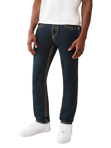 True Religion Men's Rocco Super T Flap Jeans 32' Inseam – Slim Fit Stitching & Logo Flap Pockets, 38
