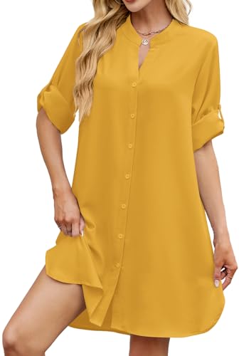 PerZeal Womens Sexy V Neck Button Down Shirt Dresses Summer Short Sleeve Casual Loose Blouses & Button-Down Shifts Cover Ups2