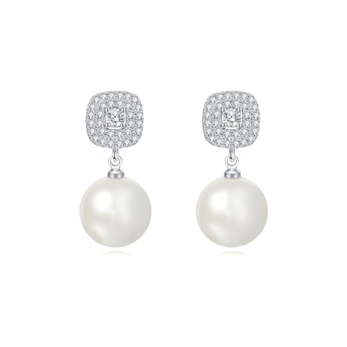 Womens Shell Pearl Earrings White Sterling Silver Dangling Drop with Velvet Gift Box
