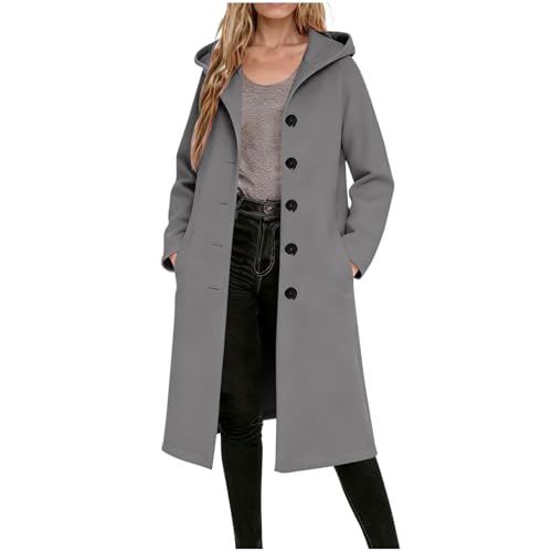 Image of Hooded Pea Coats for Women Fall Winter Trendy 2025 Single Breasted Trench Peacoat Elegant Long Wool Coat Overcoat