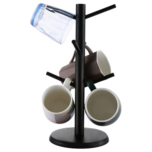 ASelected Mug Tree Coffee Cup Holder Black Bamboo Cup Holder Tree for Kitchen Tabletop Countertop Pantry Holds 6 Mugs
