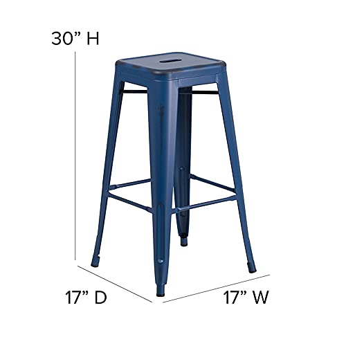 Flash Furniture Kai Commercial Grade 30" High Backless Distressed Antique Blue Metal Indoor-Outdoor Barstool #TOP2