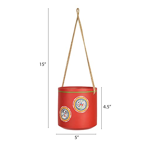Image of AAKRITI ART CREATIONS Terracotta Hanging Planter | Red Rose Warli Art Design, Matte Finish | Decorative Hanging Pot for Indoor & Outdoor Home Decor
