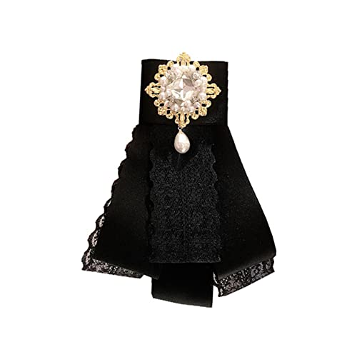 Image of Lace Ribbon Bow Tie Brooch Rhinestone Pearl Necktie for Girl Women Fashion jabot collar brooch pins Pre-Tied Corsage