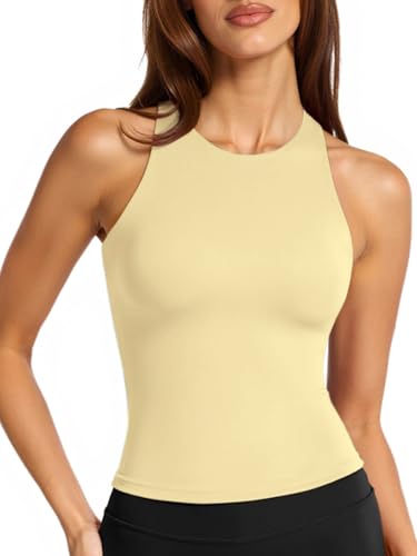 Image of LASLULU Womens High Neck Workout Tank Tops with Built in Bra Strappy Back | Low to Medium Impact,Longline Halter Neck Sports Bra,Fitted Compression,Padded Athletic Yoga Running Gym Pilates Tank Tops
