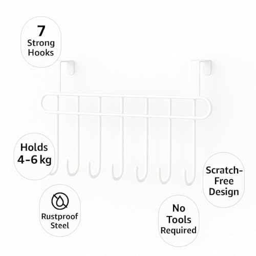 Image of Kundi Multi-Functional Over-the-Door Hook Hanger Rack - Heavy-Duty Steel Wall Hook Organizer with 7 Hooks for Clothes, Towels, Kitchen & Bathroom (Set of 2 White)