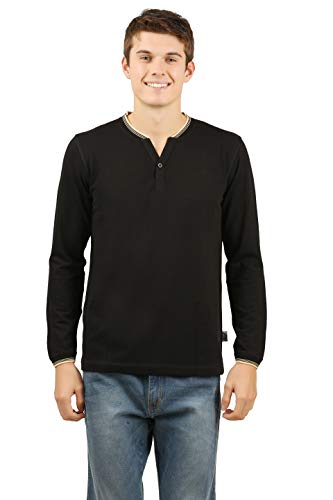Image of Zebu Men's Full Sleeve Cotton Henley Neck Tshirt with bio wash (Pack of 1). Black