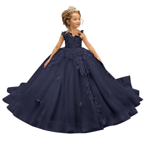 Girl's 3D Butterfly Flower Girl Dress Floral Tulle Princess Pageant Dress Lace Applique Birthday Ball Gown for Kids - Main Image