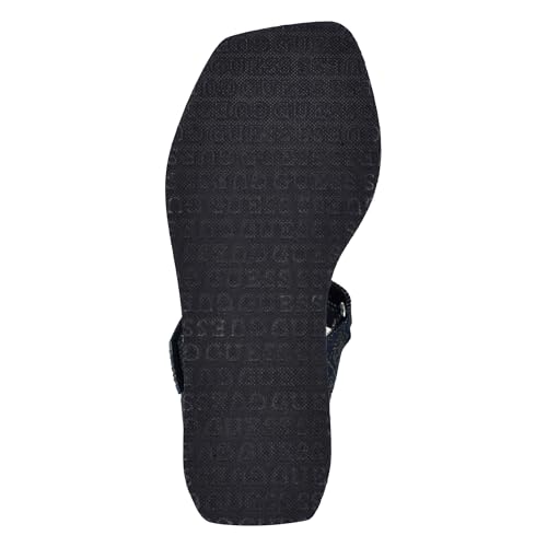 Image of Guess Women's DAWSIN Wedge Sandal, Black Denim Rhinestone Logo 400, 10