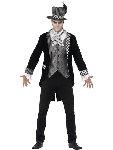 Smiffys Deluxe Dunkler Hutmacher Kostüm, Schwarz, mit Jackett, vorgetäuschter Weste & Zylinder Halloween