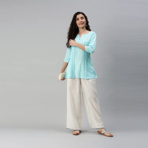Image of SheWill Cotton Blend Stripe Print Embroidered A-Line Tunic
