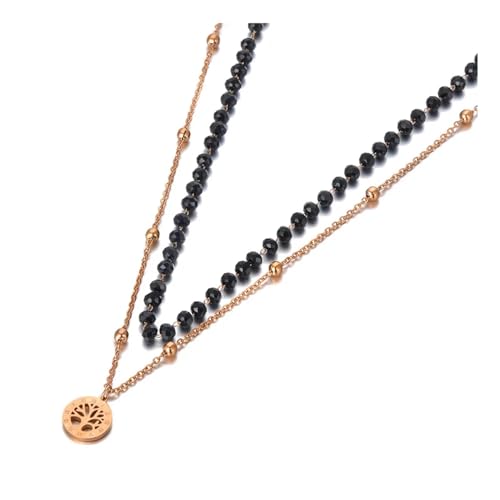 Collier pendentif arbre en cristal noir double couche style bohème pour hommes et femmes