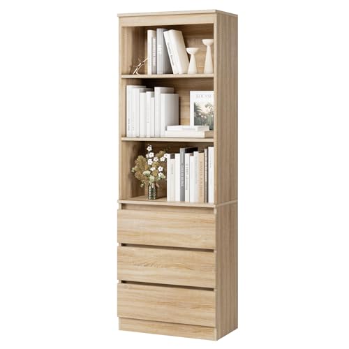 FirFurd Bibliothèque Haute Meuble de Rangement en Bois Armoire d'affichage Autoportante avec 3 étagères 3 Tiroirs pour Salon Bureau 60x35x180cm Chêne