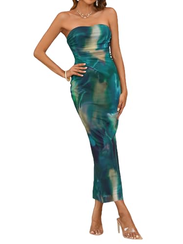 Image of Milumia Women's 2026 Summer Floral Strapeless Tube Top Dresses Side Slit Wedding Guest Bodycon Maxi Dress