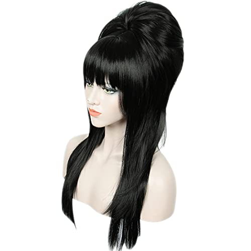 linfairy long straight black wig big bouffant beehive wigs for women fits 50s 80s costume