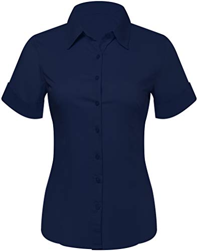 Pier 17 Button Down Shirts for Women, Fitted Short Sleeve Tailored Stretchy Material (3XL Plus Size, Navy New)