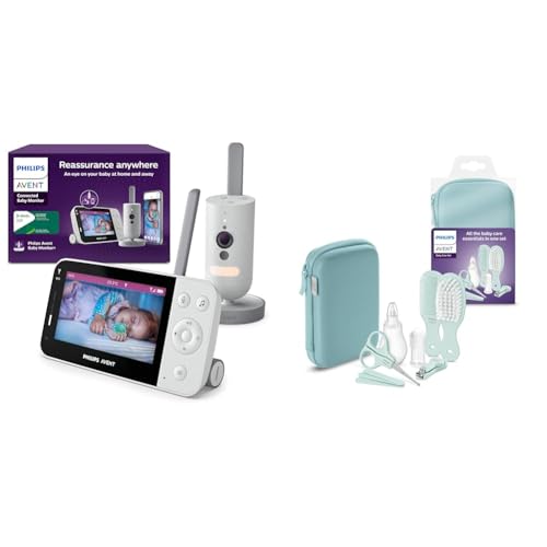 AVENT Set aus Philips Connected Videophone mit WLAN, Infrarot-Nachtsichtfunktion & Schrei-Erkennung SCD951/26 + Philips Babypflege-Set Starter-Set mit 9 Zubehörteilen (Modell SCH401/00)