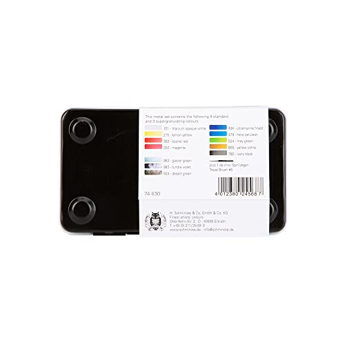 Schmincke - HORADAM® AQUARELL 12 Half Pans - Standard and Super Granulating Colors - and da Vinci Brush, 74630097, Metal Box, Painting Set, 12 x 1/2 Pans