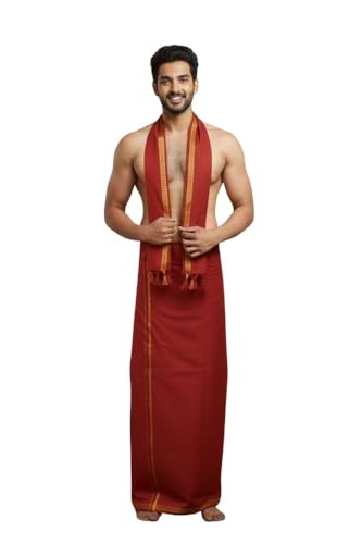 Image of Men's Cotton Dhoti & Towel set | Traditional South Indian Mundu | Soft Vesti for Men | Daily & Festive Wear | 2mtr | 33 x 66 cm Towel