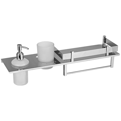 Image of Zureni 4-in-1 Shelf Rack for Bathroom 304 Grade Stainless Steel Multipurpose Towel Hanger Liquid Dispenser Toothbrush Holder Wall Mount Accessories Storage Stand Home Washroom (1 Pc, 18 inchx5 inch, 1010)