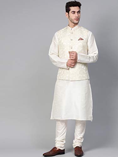 Image of MANQ Men Cream Woven Jaquard Silk Nehru Jacket (Size:34)