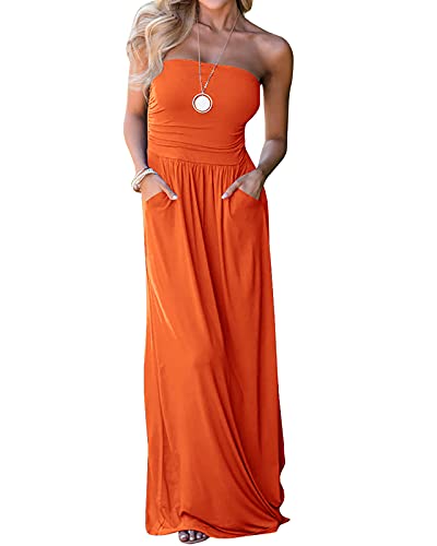Image of Womens Off The Shoulder Maxi Dresses Summer Strapless Bandeau Long Dress with Pockets