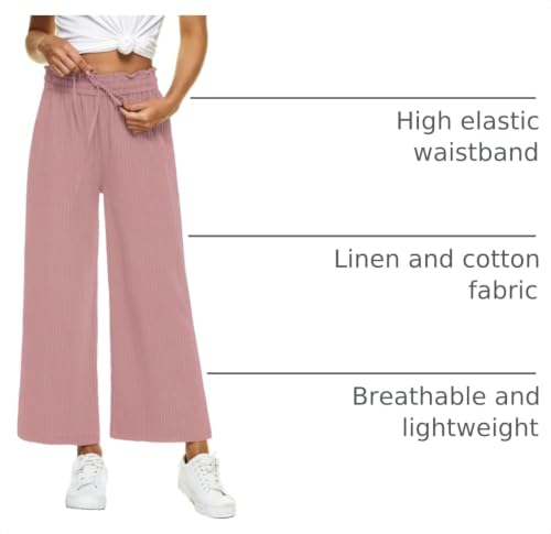 Image of LNX Womens Linen Capri Pants Wide Leg High Waisted Drawstring Casual Cropped Pants with Pockets