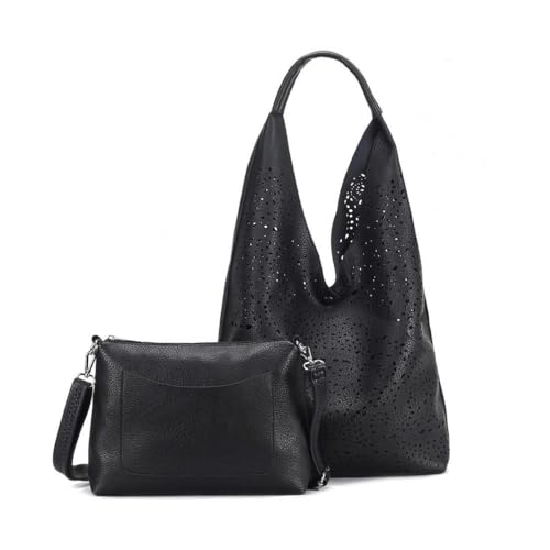 Damen Tasche XXL Set 2in1 Shopper Hobo Bag Schultertasche Cross Over Body Bag Umhängetasche Beuteltasche Handtasche Leder Optik Schwarz