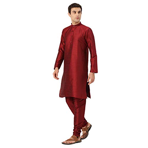 Image of SOJANYA (Since 1958 Men's Cotton Linen Maroon Kurta and White Pyjama with Mustard Cotton Nehru Jacket