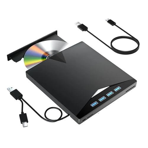 Unidad Externa de CD/DVD USB 3.0, grabadora DVD portátil con Lector Tarjetas SD/TF y concentrador 4 Puertos, Compatible Windows, MacOS Linux