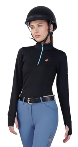 Preto Camiseta térmica atlética de manga larga para mujer, capa base, ropa ecuestre para montar a caballo (negro/aguamarina), Negro/Aqua, XX-Large Más