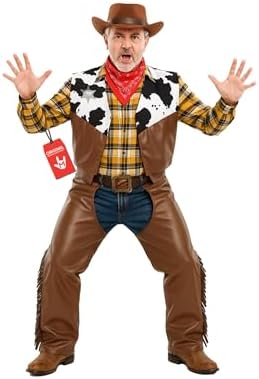 Ragelion 5 stuks cowboyoutfits voor mannen, western cowboykostuum, vest, hoed, stropdas, gesp, riem, halsketting voor Halloween cosplay (bruin, 2XL
