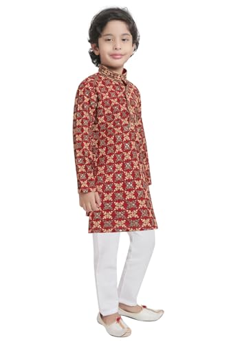 Image of TinySteps Boys' Ethnic Wear - Cotton Lakhnavi Chikan Kurta with Golden Sequence Work and Elastic Waist White Cotton Pajama - Festive & Wedding Outfit
