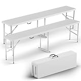 HLPB Folding Bench 6 ft, Foldable Plastic Bench with Handle and Smooth HDPE Tabletop, Protable in/Outdoor Picnic Party Camping Dining Seat, 2 Pack, White
