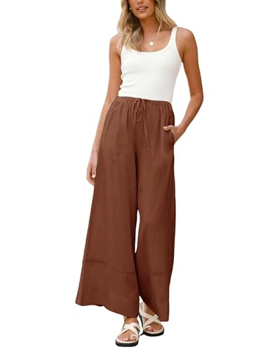 Athlisan Women's Summer Cotton Linen Palazzo Pants Baggy Wide Leg Lounge Trousers with Pockets(Rust-M)