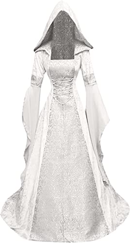 Vestido con Capucha Medieval de Manga Acampanada para Mujer, Capa de Capa de Bruja de Vampiro gótico de Terciopelo, Traje Victoriano renacentista (Blanco,L,L) Cover