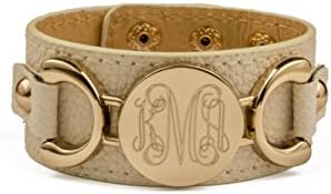 D4Y Personalized PU Leather Initial Cuff Bracelet with Custom Monogram Charm, Adjustable Strap Size