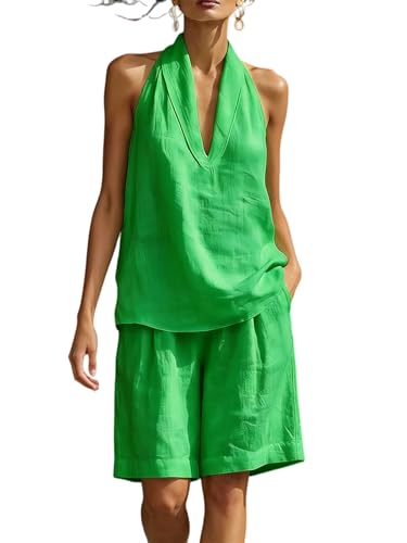 Conjunto de lino para mujer con top halter y bermudas de pierna ancha ideal para tus vacaciones