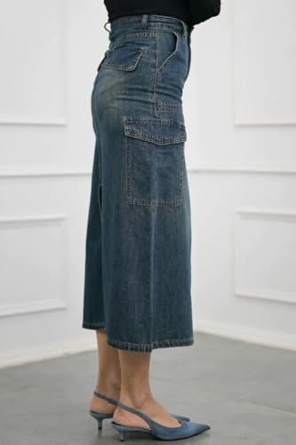 Image of GRECIILOOKS Women's High Waist Denim Skirt with Front Slit - Long Maxi Jean Skirt Casual Fashion - Stylish Denim Skirts for Women