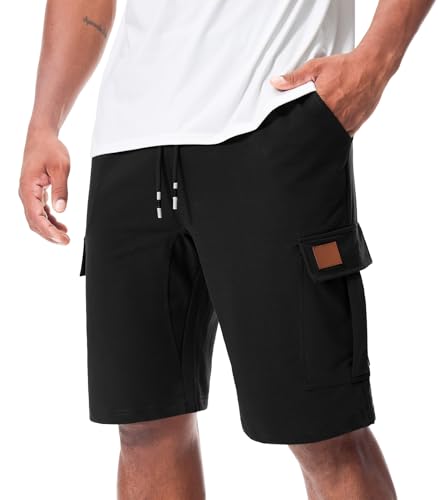Suwangi Men’s Casual Sweat Cargo Cotton Shorts Drawstring Elastic Waist Short Athletic Workout Gym Jogger Shorts with Pockets Black