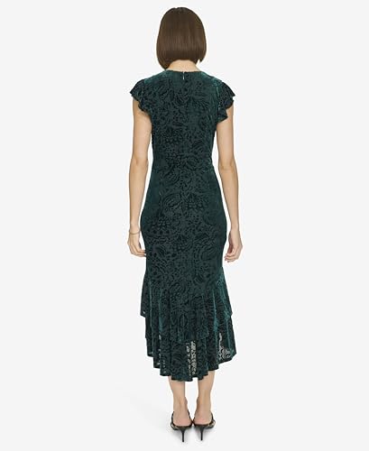 Image of Tommy Hilfiger Women's Flutter Sleeve V-Neck Ruffle Trim Hi-Lo Midi Dress