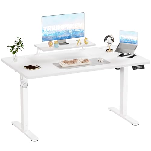 TRIUMPHKEY 160x70cm Escritorio Elevable Eléctrico con Soporte para Monitor, Escritorio Regulable en Altura con 2 Alturas de Memoria, Mesas de Ordenador, Standing Desk de Oficina Blanco